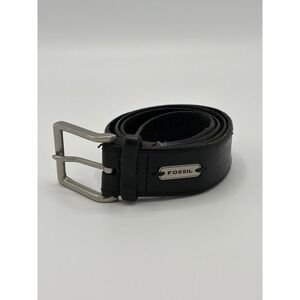 Fossil Black Leather Belt Mens Size 34, Silver Buckle